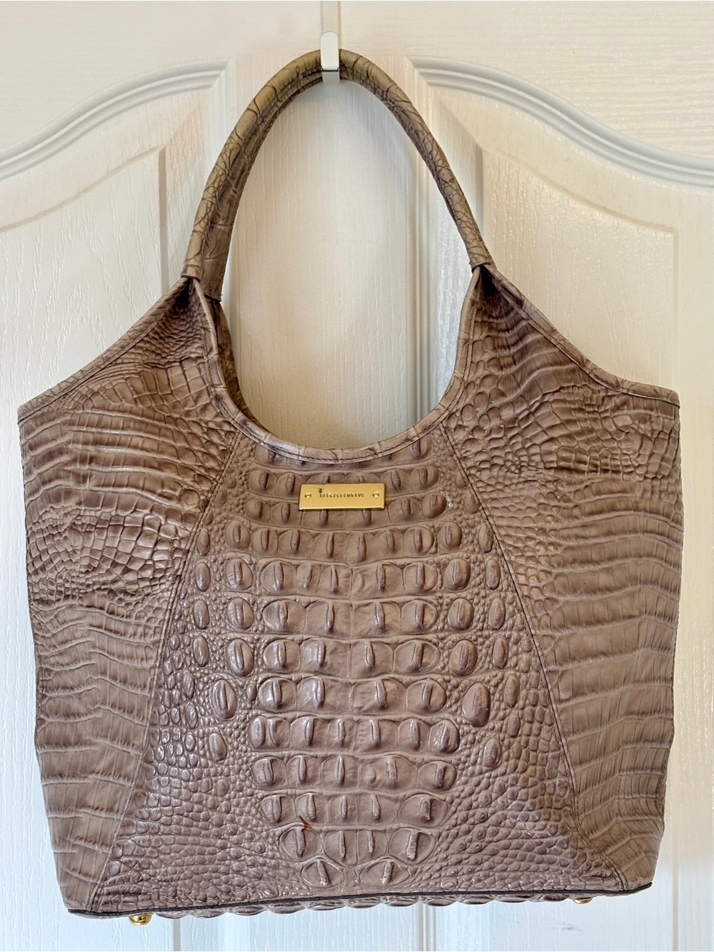 Brahmin Croc-Embossed Leather Taupe Tote Bag ~